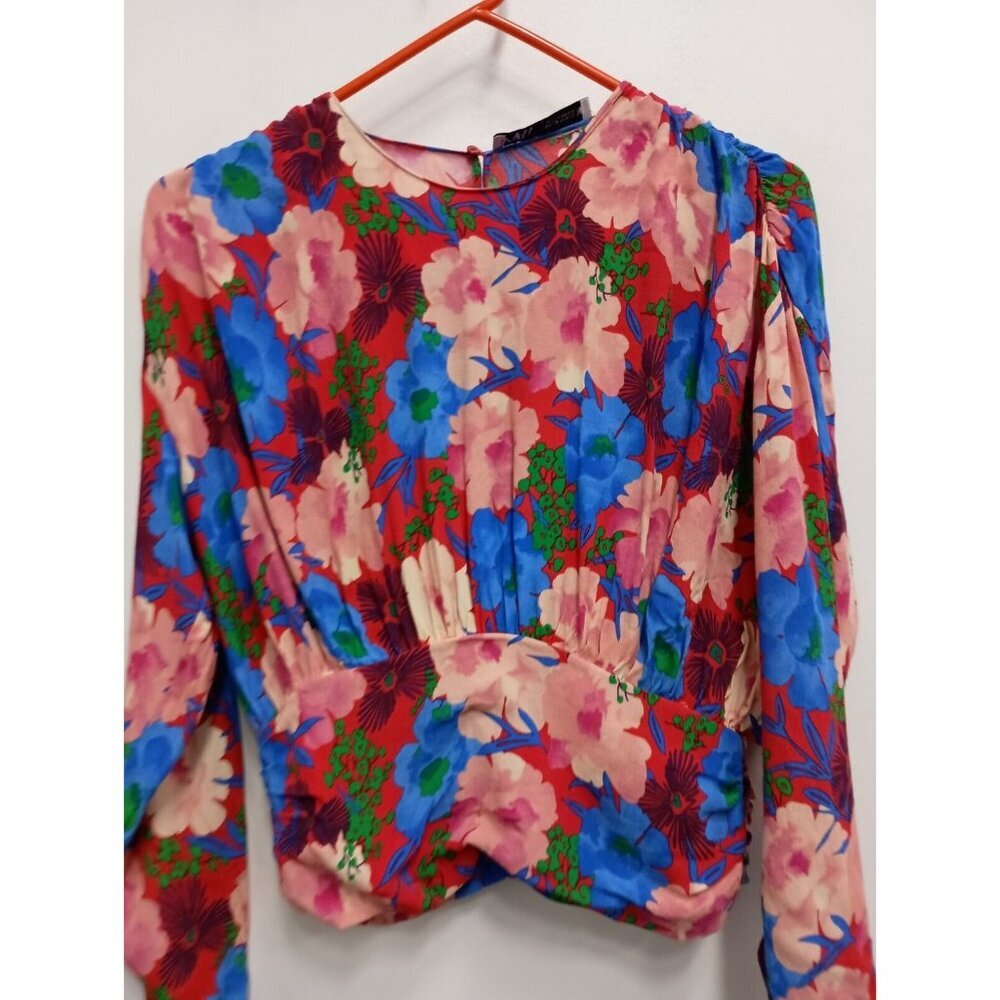 Zara Womens Blouse XS Red Blue Floral Drape Long Sleeve Crew Neck Pullover Top - Picture 3 of 10